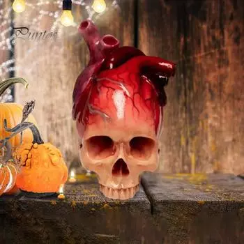Череп Сердце Статуэтка Жуткий в натуральную величину Череп Смола Статуя Скульптура Хэллоуин Домашний Офис Настольный Книжная Полка Украшение Орнамент Фестиваль Подарок A