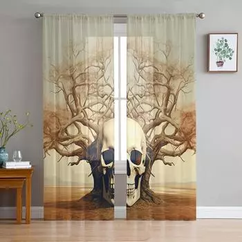 Череп ветка дерева луга небо сушеные ветки оконные шторы для гостиной спальни кухня шифоновые прозрачные оконные занавески 135W x 114H(cm)