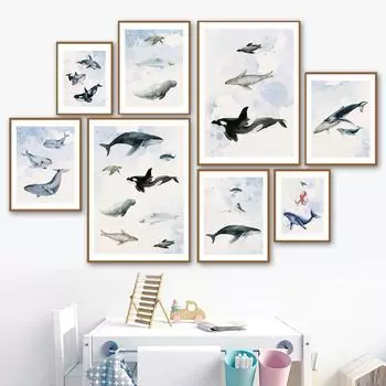 Черепаха Белуга, Морж, Пингвин, Тюлень, Косатка, настенная живопись, холст, картина, плакат на скандинавскую тему, настенные панно, декор для детской комнаты A4 21X30cm No Framed
