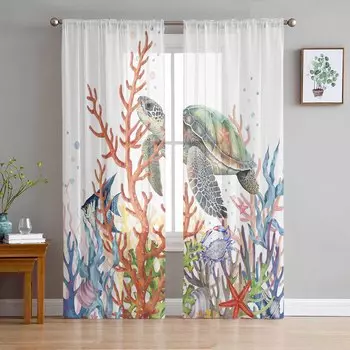 Черепаха Коралл Рыба Морская Звезда Краб Тюль Оконные Шторы для Спальни Роскошный Домашний Декор Шторы в Гостиной Шифоновые Панели 135W x 114H(cm)