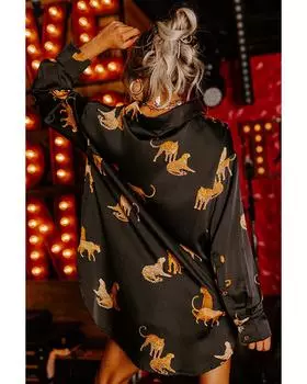 Черная атласная рубашка Azura Exchange с принтом гепарда и животных на пуговицах L чёрный