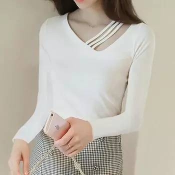 Черная ажурная футболка с V-образным вырезом и длинными рукавами для осени и зимы, женская облегающая футболка с открытыми ключицами S белый