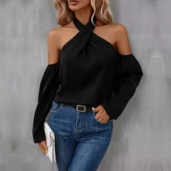 Черная ажурная рубашка с длинным рукавом, женская сексуальная блузка с открытыми плечами, модная блузка с лямкой на шее, повседневные свободные офисные женские топы 30145 S чёрный