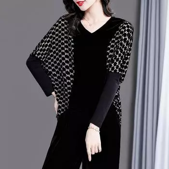 Черная бархатная футболка с длинными рукавами для женщин, осенняя новая мода, свободный топ с v-образным вырезом, M-4XL M чёрный