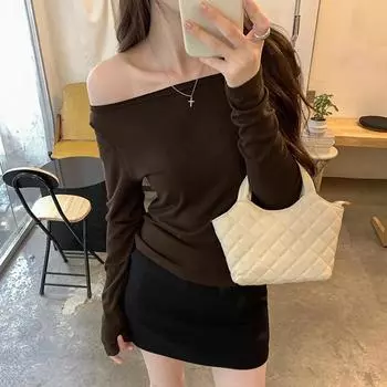 Черная базовая рубашка с одной линией плеча, косой вырез на спине, с вырезом для женщин, шикарный дизайн Spice Girl, тонкая футболка, короткий топ S