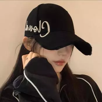 Черная бейсболка с вышитыми буквами, женская летняя широкополая кепка с жестким верхом, большая окружность головы, показывающая лицо, маленькая корейская версия шляпы Adjustable-Cloud hole чёрный