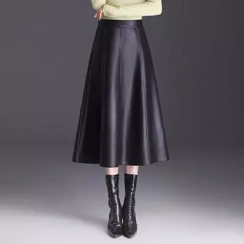Черная бежевая хаки искусственная кожа юбка женская разрезная PU юбка А-силуэта женская элегантная юбка с высокой талией женская зимняя XXXXL чёрный