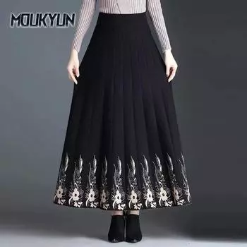 Черная цветочная трикотажная длинная плиссированная женская юбка корейская мода зима осень винтажная юбка с высокой талией One Size чёрный