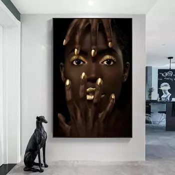 Черная девушка Холст Картина Африканская женщина с золотыми сексуальными губами Плакат и принт Настенная картина для декора стен гостиной Cuadro 21x30 No Frame