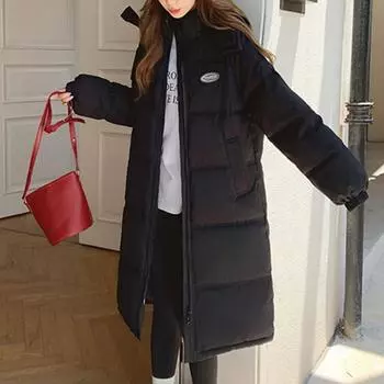 Черная длинная куртка до колена с хлопковой подкладкой, женское зимнее хлопковое пальто со свободным воротником и подкладкой M чёрный
