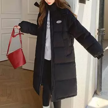 Черная длинная куртка до колена с хлопковой подкладкой, женское зимнее хлопковое пальто со свободным воротником и подкладкой M чёрный