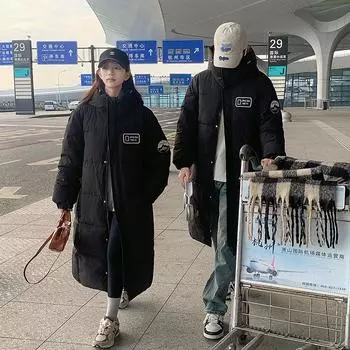 Черная длинная пуховая хлопковая одежда женская зимняя новая мужская и женская одежда с капюшоном пара хлопковых курток M чёрный