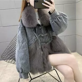 Черная джинсовая хлопковая одежда 2024 года, новая короткая куртка из искусственного меха лисы Haining для молодых женщин, одежда с хлопковой подкладкой Guofeng S чёрный