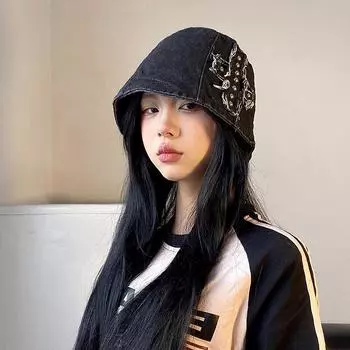 Черная джинсовая шляпа-ведро, женская нишевая мода, заклепки, крест, рыбацкая шляпа, закрывающая лицо, шляпа для умывания M (56-58cm) Rivet Cross Bucket Cap чёрный