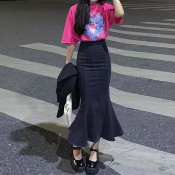 Черная джинсовая юбка-рыбий хвост, женская, весна-лето, с высокой талией, тонкая, А-силуэт, открытая вилка, эластичная, средней длины, юбка-пакет, бедра, джинсовая юбка S синий