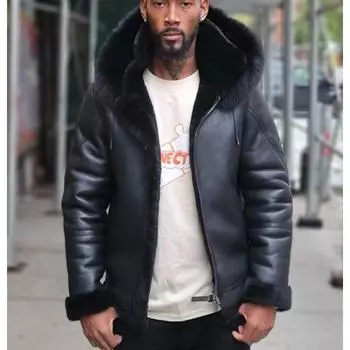 Черная флисовая утолщенная мужская кожаная куртка с большим меховым воротником и капюшоном S