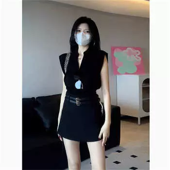 Черная футболка без рукавов, женский летний дизайн, повседневный комплект с юбкой с высокой талией S