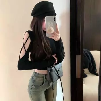 Черная футболка Pure Desire Hot Girl с узором Майяр, открытыми плечами, длинными рукавами и высоким воротником, женская осенне-зимняя облегающая футболка с коротким низом S белый