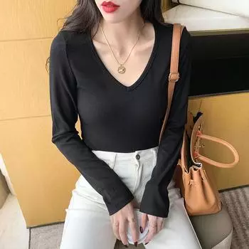 Черная футболка с длинными рукавами для женщин, новый стиль на весну и осень, универсальная, утягивающая, трикотажная майка с нитками, топ с V-образным вырезом для женщин S
