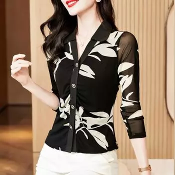 Черная футболка с длинными рукавами и принтом, женская зимняя новая одежда для мам в иностранном стиле, облегающая рубашка M чёрный