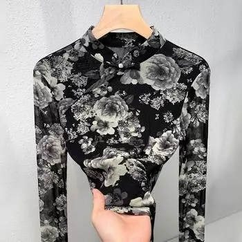 Черная футболка с длинными рукавами и принтом, новинка осени, новая женская одежда, новый китайский топ с воротником-стойкой на пуговицах S чёрный