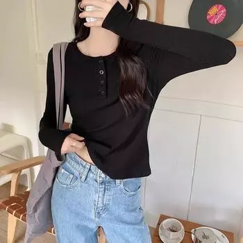 Черная футболка с длинными рукавами, женская, новая осенне-зимняя рубашка с полуоткрытым воротником, облегающий крой, универсальный топ S