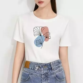 Черная футболка с короткими рукавами для женщин, новая женская футболка с круглым вырезом и принтом из хлопка, топ с заниженной талией S чёрный