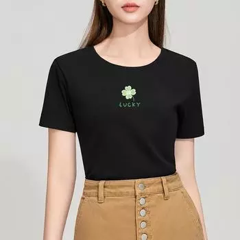 Черная футболка с короткими рукавами для женщин, новая женская одежда, передние плечи, круглый вырез, мелкий цветочный узор с принтом, базовая рубашка S