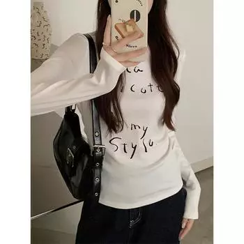 Черная футболка с круглым вырезом и длинными рукавами с принтом букв, женская облегающая майка в стиле ранней осени, внутренний топ S