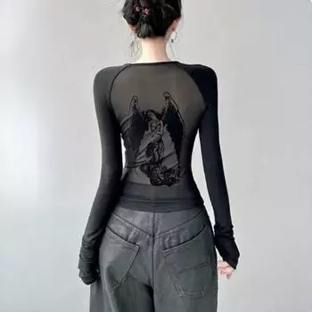 Черная футболка с принтом ангела в стиле ретро для женщин, весенняя мода 2024, приталенная футболка Y2k, топы с длинными рукавами для девочек, новинка Mujer Size S(40-45Kg) чёрный