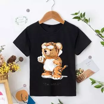 Черная футболка с принтом тигра и медведя для мальчиков и девочек, детская летняя забавная одежда Harajuku Kawaii, одежда для маленьких детей Y2K 2T(90cm)