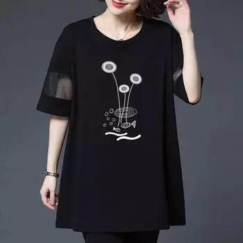 Черная футболка, топы, женская летняя, большого размера, с короткими рукавами, сетчатая, свободная, повседневная футболка XL чёрный