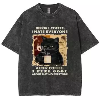 Черная футболка унисекс с принтом «Счастливый кот пьет кофе», свободная, большого размера, с коротким рукавом, американская винтажная, уличная S