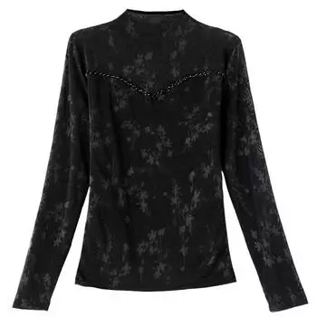 Черная футболка женская с длинными рукавами, тонкий стиль, красивая жаккардовая основа, рубашка для мам, осень и зима, тонкий топ M зелёный