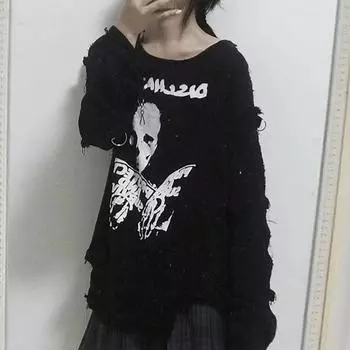 Черная готическая женская хлопковая футболка женская Свободная футболка с длинными рукавами и открытыми плечами с принтом черепа Dark Goth Kawaii нерегулярный топ S чёрный