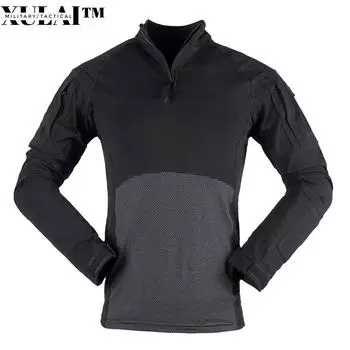 Черная хлопчатобумажная трикотажная боевая рубашка, тактическая рубашка с длинным рукавом, тактическая одежда S