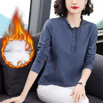 Черная хлопковая футболка женская осенняя модная свободная внутренняя рубашка с длинными рукавами синяя футболка осенний топ M