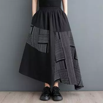 Черная хлопковая юбка больших размеров с высокой талией, летняя повседневная свободная длинная женская юбка