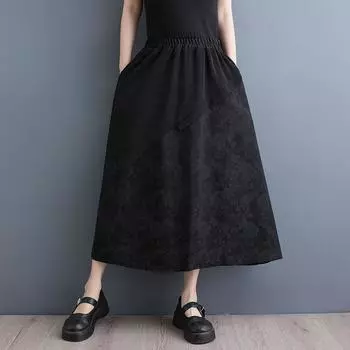 Черная хлопковая юбка большого размера с высокой талией, винтажная весенне-летняя повседневная свободная длинная женская юбка с цветочным принтом