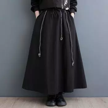 Черная хлопковая винтажная длинная юбка больших размеров с высокой талией, весна-осень-лето, повседневная свободная длинная женская юбка