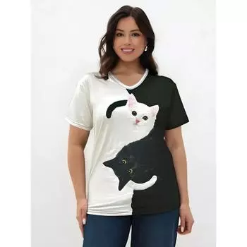 Черная и белая женская футболка с принтом кота с короткими рукавами Женская футболка Harajuku женская футболка свободного покроя с V-образным вырезом женская одежда с изображением животных S