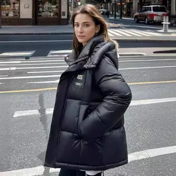 Черная и золотая пуховая хлопковая одежда женская зимняя ветрозащитная утолщенная свободная куртка корейской версии M чёрный