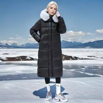 черная и золотая с большим меховым воротником пуховая хлопковая одежда женская длинная выше колена тонкая утолщенная утепленная одежда куртка S [Recommended below 55kg]
