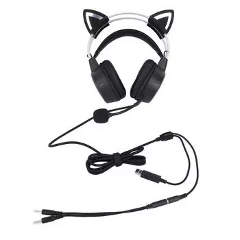Черная игровая гарнитура с шумоподавлением, регулируемым оголовьем, проводные наушники с кошачьими ушками и RGB-подсветкой, с микрофоном для L