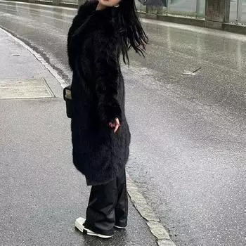Черная искусственная лисья шерсть длинное пальто с воротником из хлопка утолщенный экологически чистый мех 2024 новая женская куртка Mao Mao S