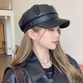 Черная кепка из искусственной кожи с плоским верхом в стиле ретро, британская кепка, осенне-зимняя, однотонная и универсальная, с лицом маленького берета для газетчика M56-58cm чёрный