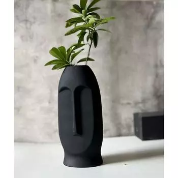 Черная керамическая ваза с абстрактным лицом | Керамическая ваза для цветов | Матовая(Грубый) Отделка, 10 дюймов (черный)