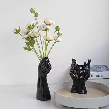 Черная керамическая ваза в стиле боди-арт в скандинавском стиле. Украшения для гостиной. Устройство для цветочной композиции. Аксессуары для украшения дома.