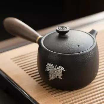 Черная керамика с боковой ручкой, инкрустированной оловом, старинный керамический чайный сервиз в стиле кунг-фу, чайник, фарфоровый чайник, глиняная посуда, чайная посуда пуэр