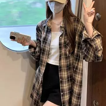 Черная клетчатая рубашка для женщин, летний осенний дизайн, один карман, длинный рукав, блузки, однобортные, повседневная свободная одежда S белый